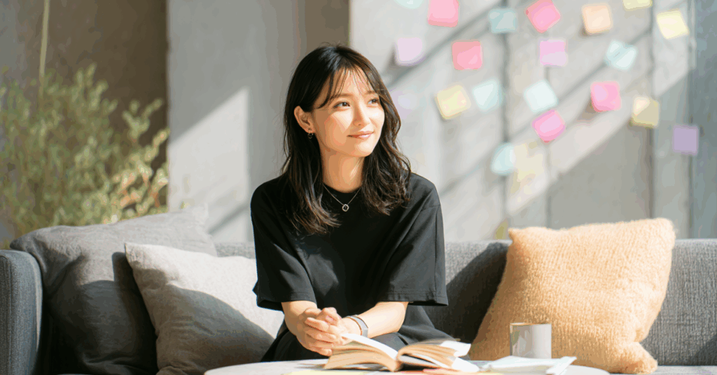 笑顔の女性 壁の付箋
