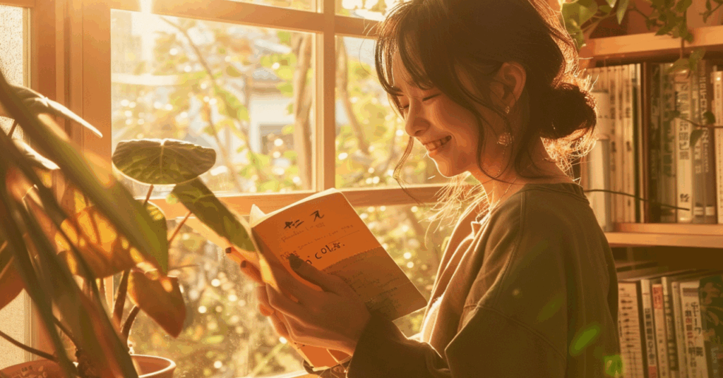 笑顔で本を読む女性