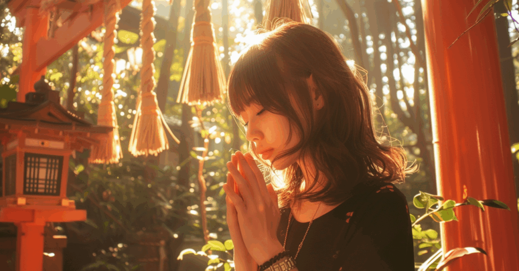 神社 お参りする女性