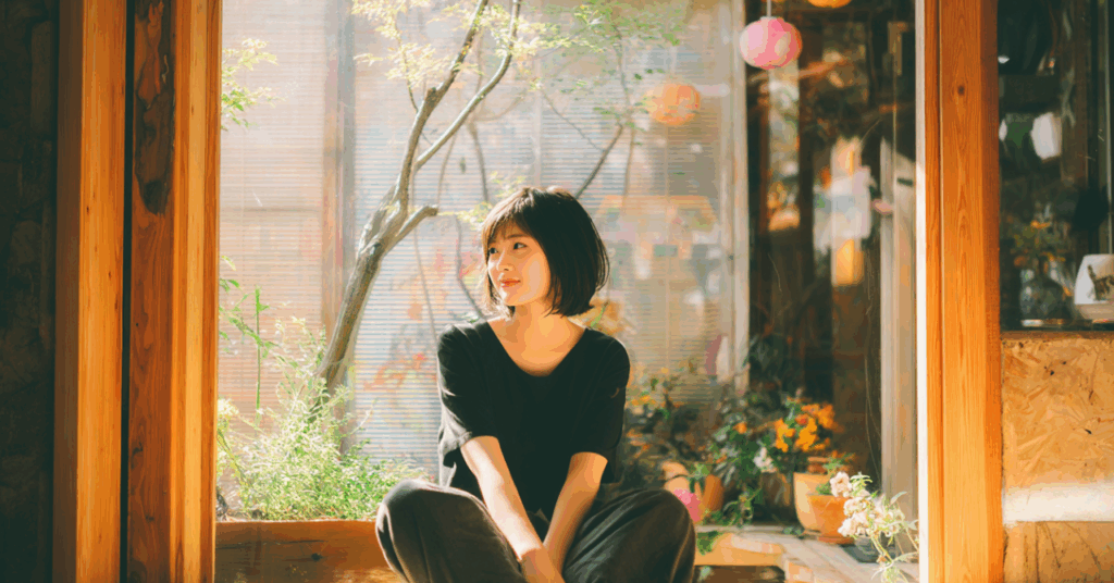 おしゃれな部屋で座る女性