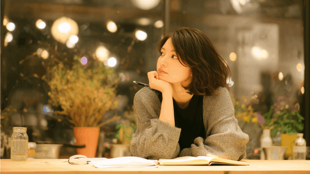 考え事をする女性 ノート カフェ