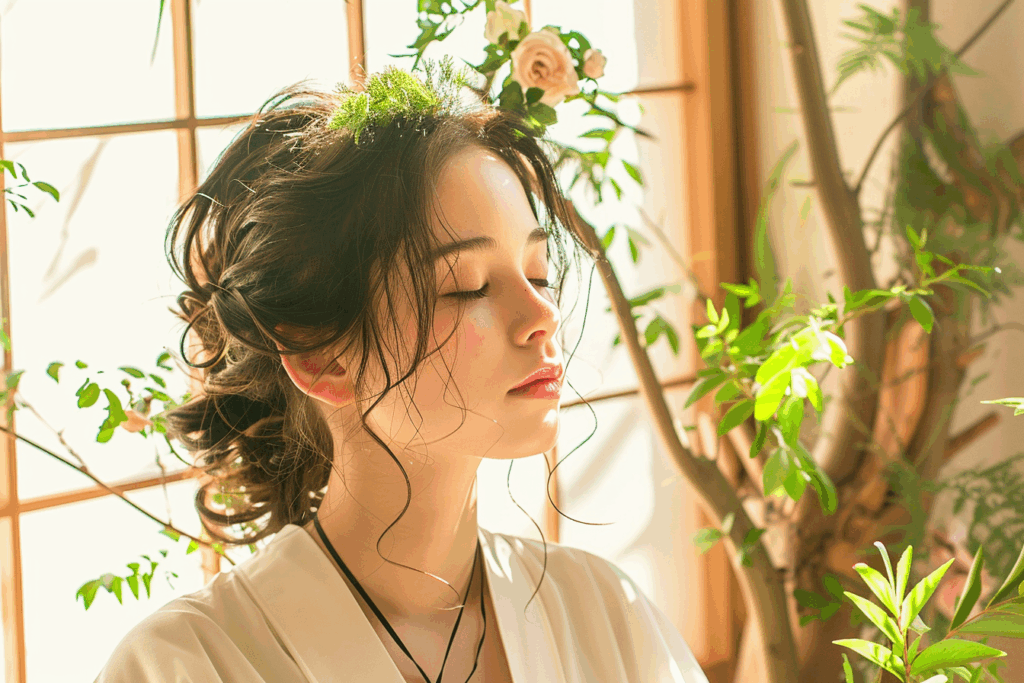 目を閉じる女性