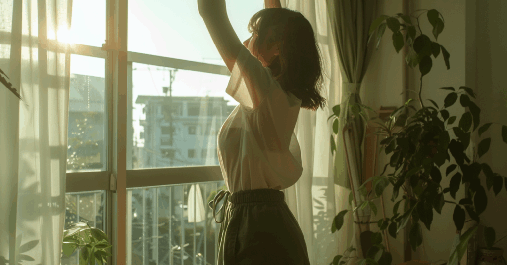 両手を上げる女性