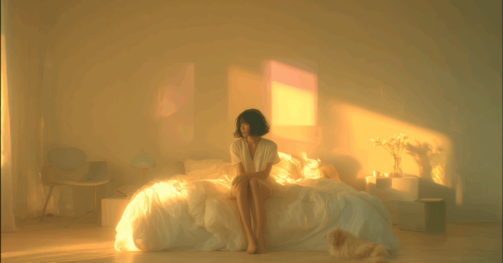 部屋で考え事をする女性