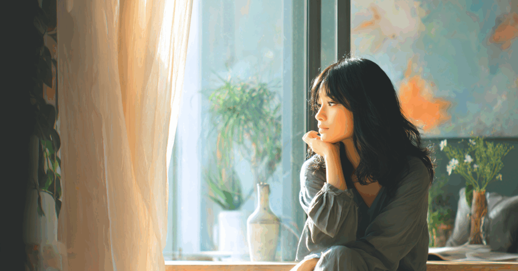 窓の外を眺める女性