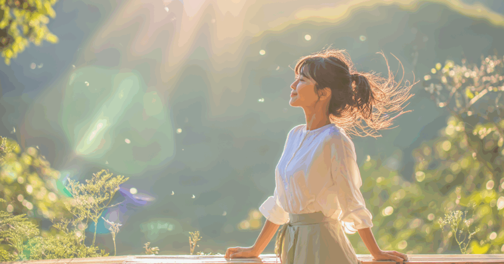 外で深呼吸をする女性