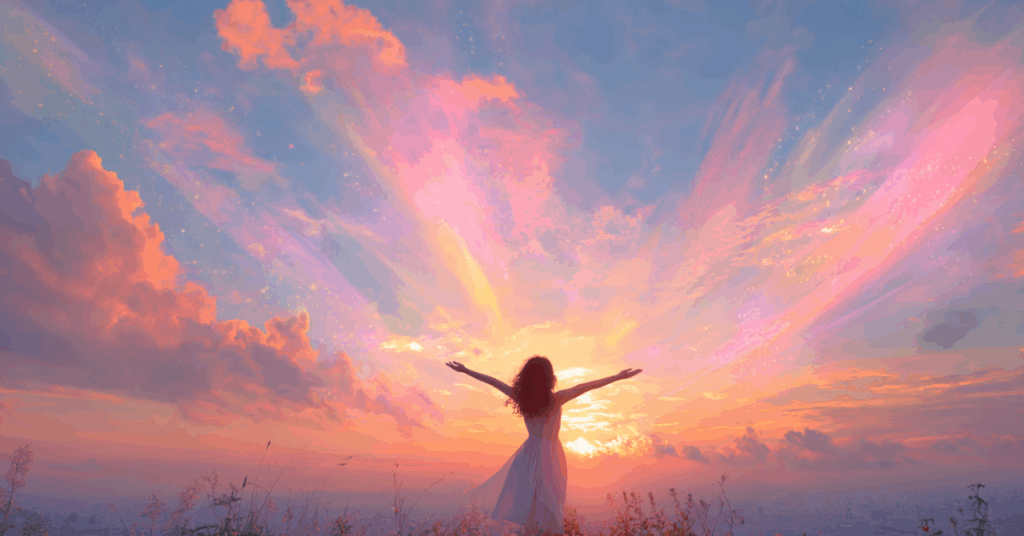 夕焼け空と伸び伸びする女性