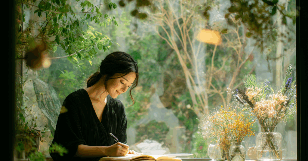 森林 ノートを書く女性