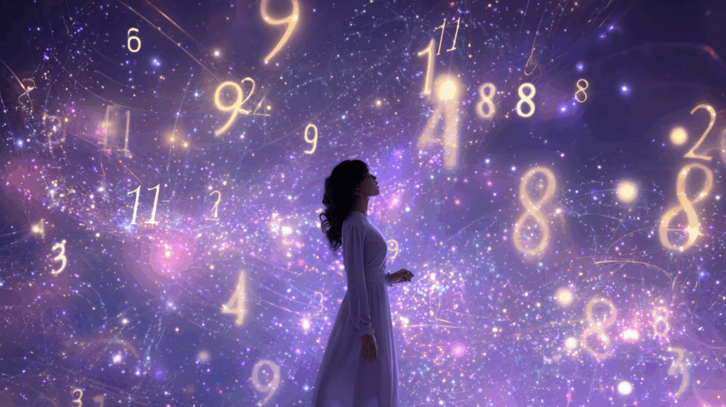 たくさんの数字と見つめる女性