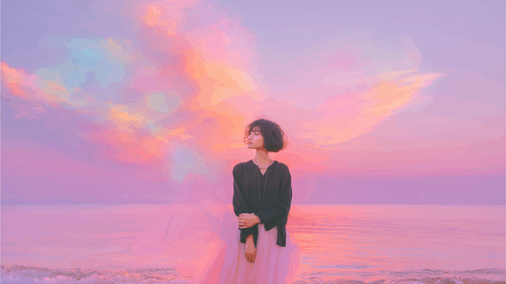 夕日 海 黄昏れる女性