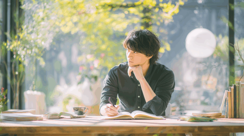 ノートを広げて考える男性