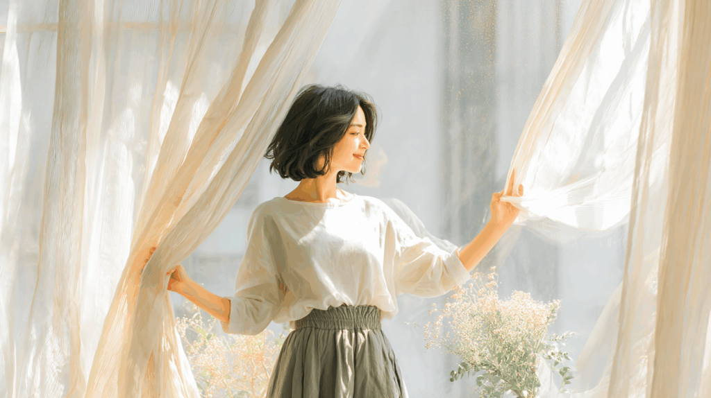カーテンを開ける女性