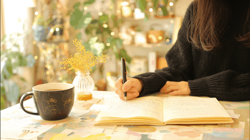 ノートを書く女性とマグカップ