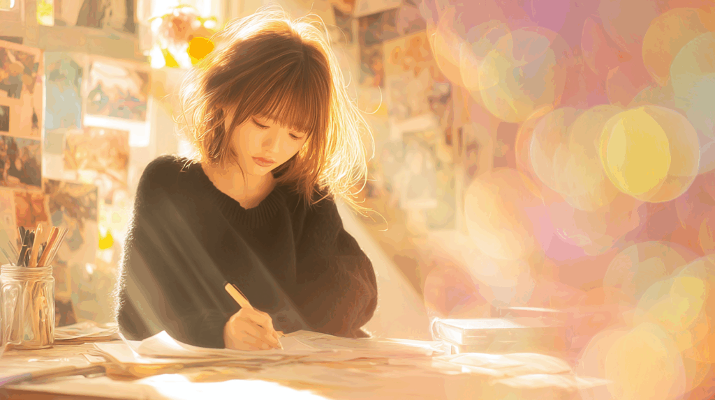 ノートを書く女性