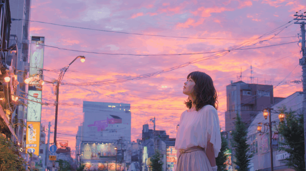 夕焼け空を見上げる女性