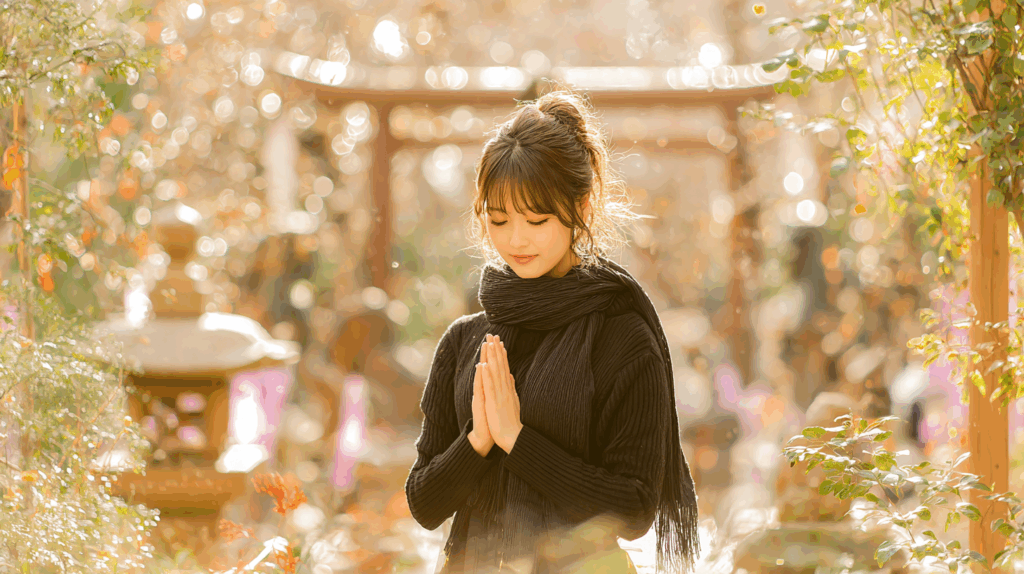 神社で祈る女性