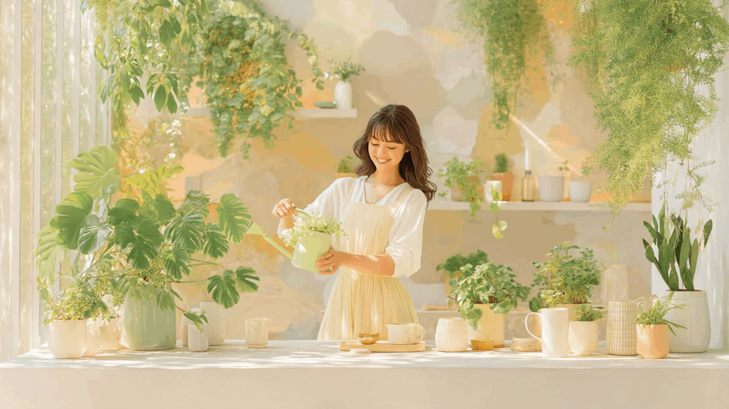 植物に水を上げる女性