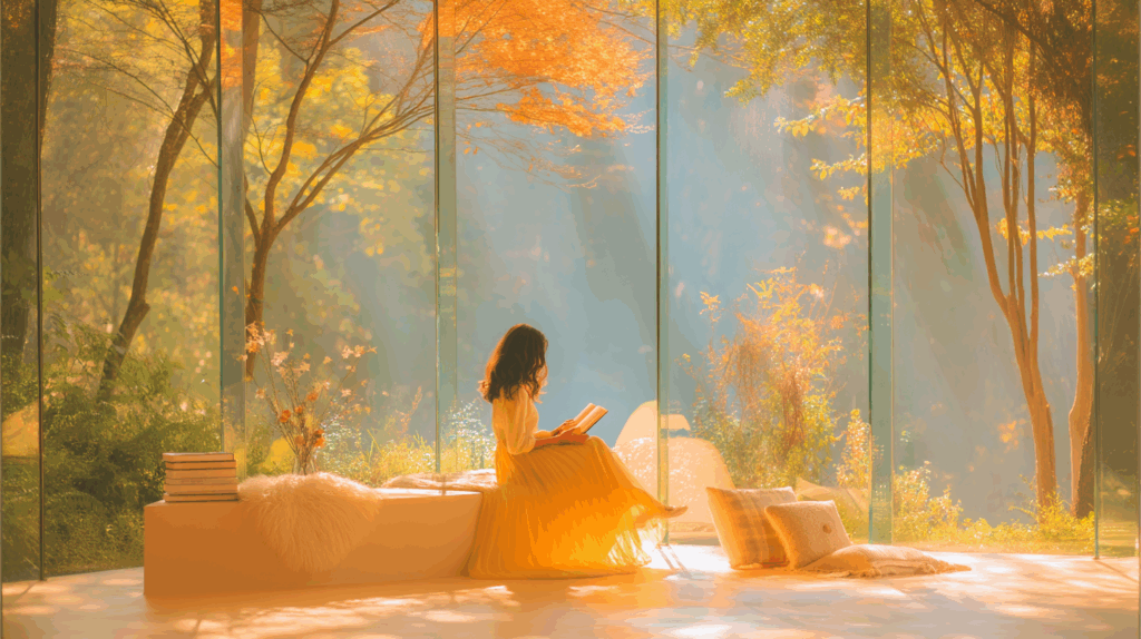 本を読む女性とソファ