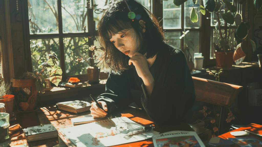 ノートを書く 考え事をする女性