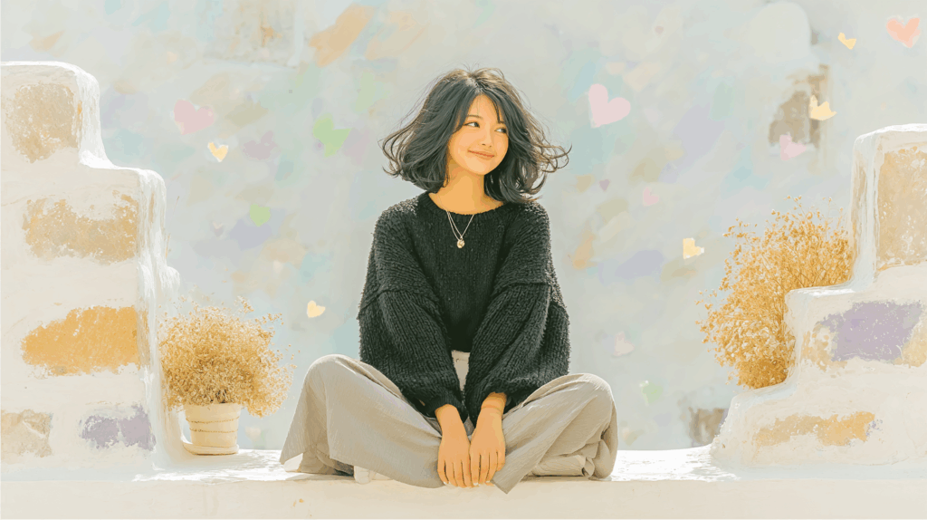 胡坐で座る女性