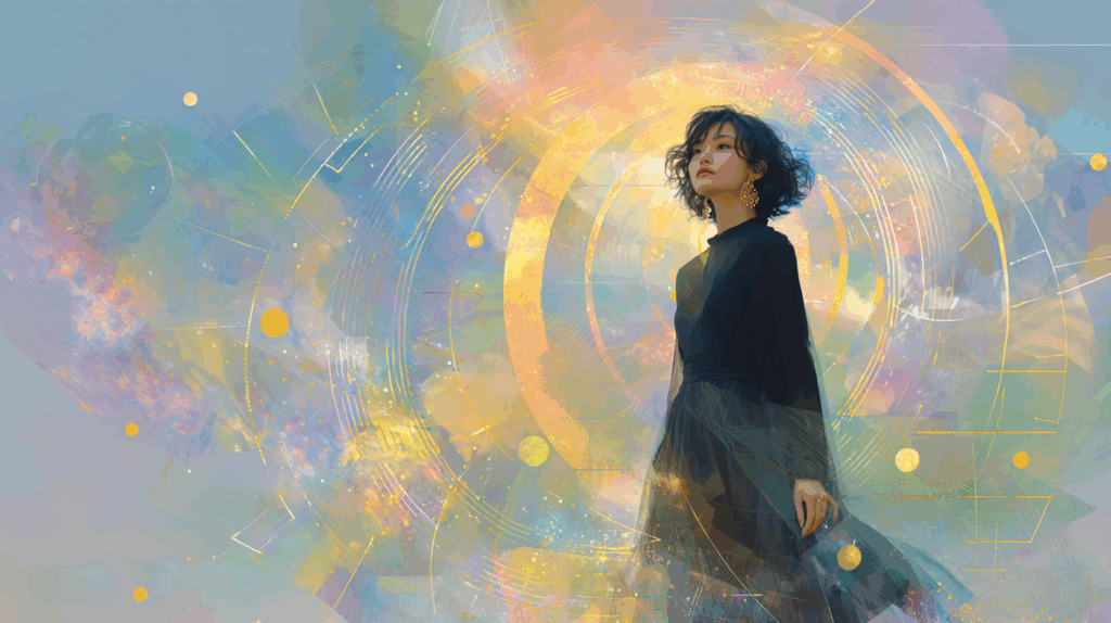 黒い服の女性 雲 光のリング