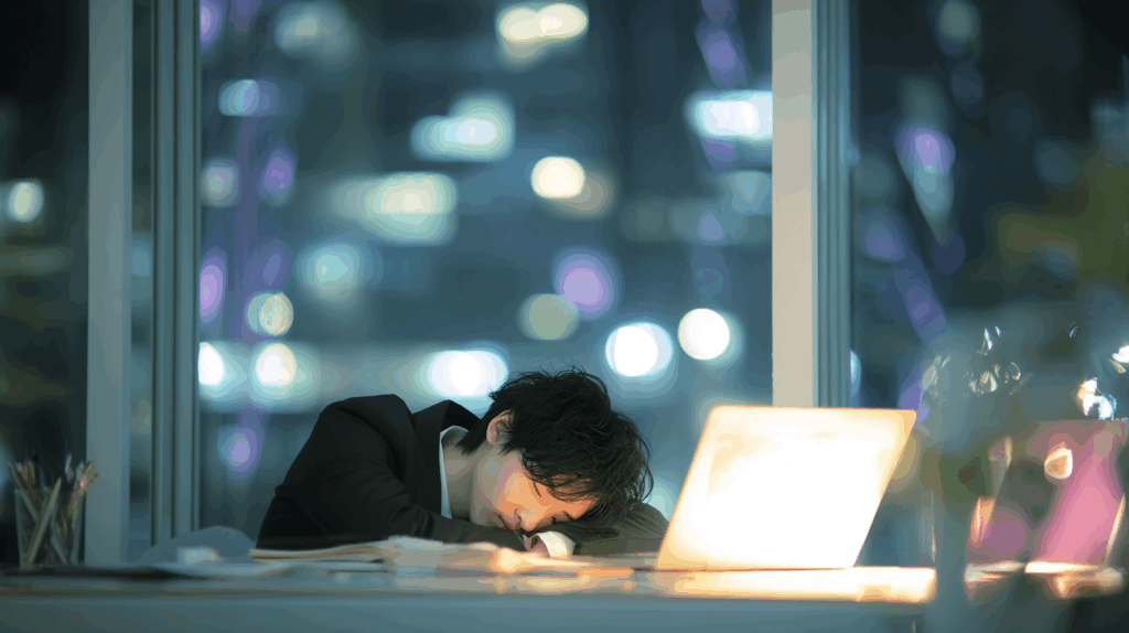 オフィスで眠る男性　PC